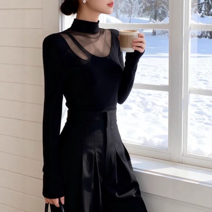 Áo lưới đen hơi xuyên thấu nửa cao cổ áo thun dài tay mùa thu ôm vừa vặn bên trong áo sơ mi x
