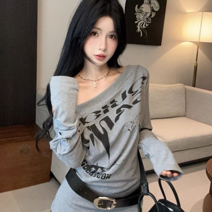 Áo thun dài tay lệch vai màu xám dành cho nữ mùa thu hot girl áo trễ vai một bên trông cực xinh và