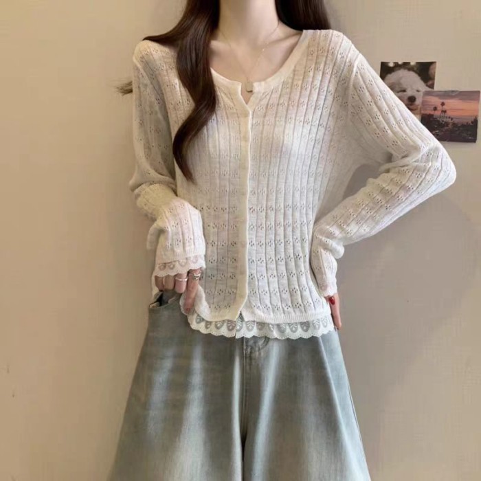 Áo cardigan ren cổ tròn phong cách Hàn Quốc với áo len mỏng màu trơn hợp thời trang