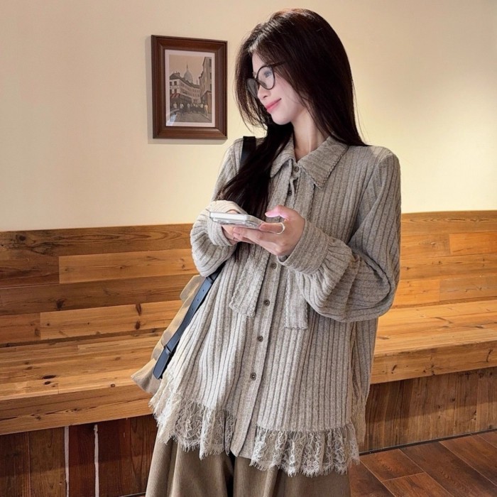 Áo sơ mi dệt kim dài tay phối ren dáng rộng cho nữ