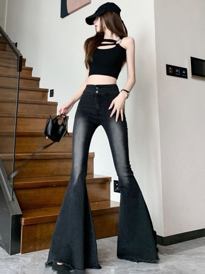 Quần jean đuôi cá ống loe thô viền thô dành cho những cô nàng nóng bỏng nhỏ nhắn, quần cạp cao, bó