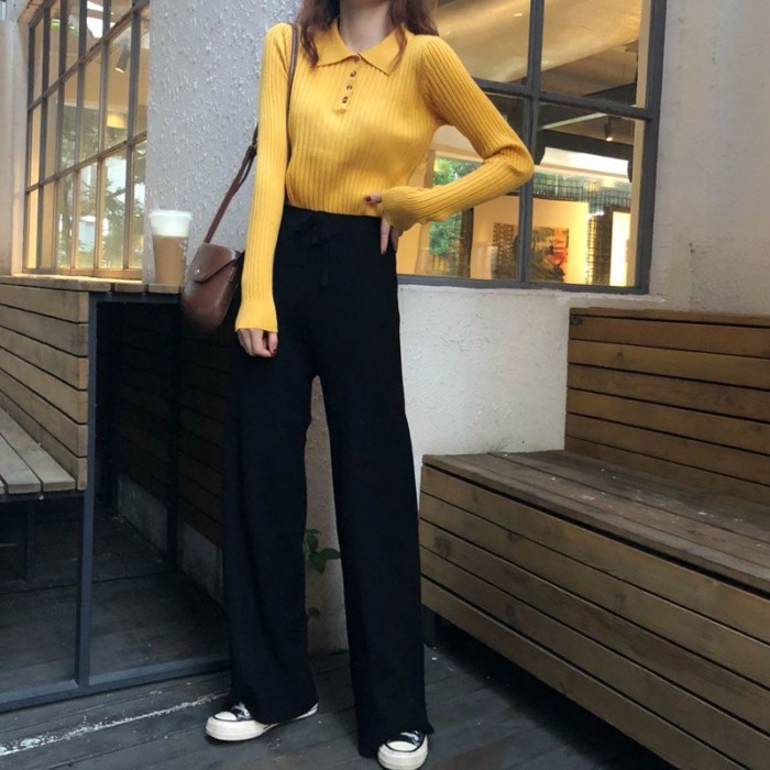 Áo len cổ polo nữ xuân thu Hàn Quốc Áo len chui đầu dài tay ôm đáy áo sơ mi hàng đầu