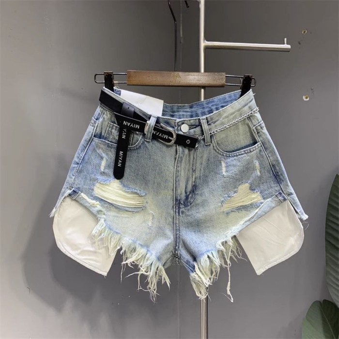 túi dạo phố mặc quần short denim màu xanh nhạt mùa hè thời trang mới quần nóng