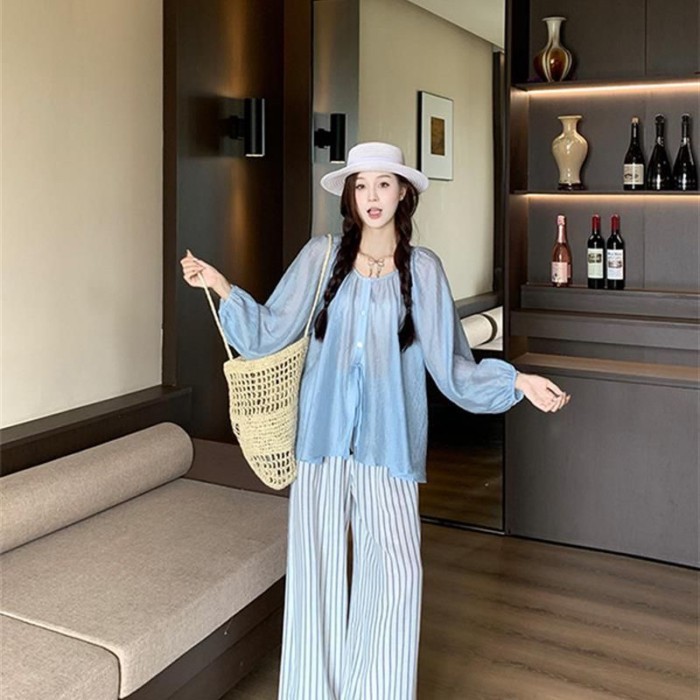 Áo sơ mi dài tay mỏng phong cách Pháp dành cho nữ đầu thu, áo tay phồng dáng rộng, thon gọn và sang