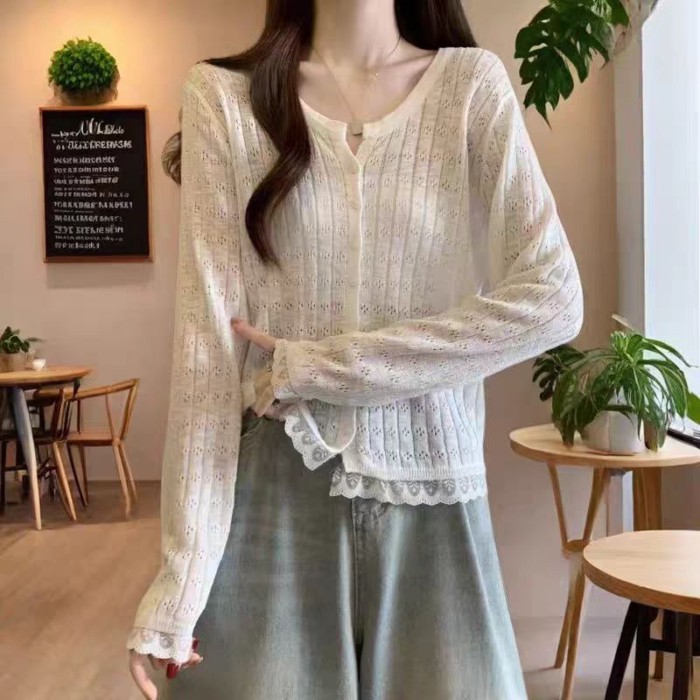 Áo cardigan ren cổ tròn phong cách Hàn Quốc với áo len mỏng màu trơn hợp thời trang
