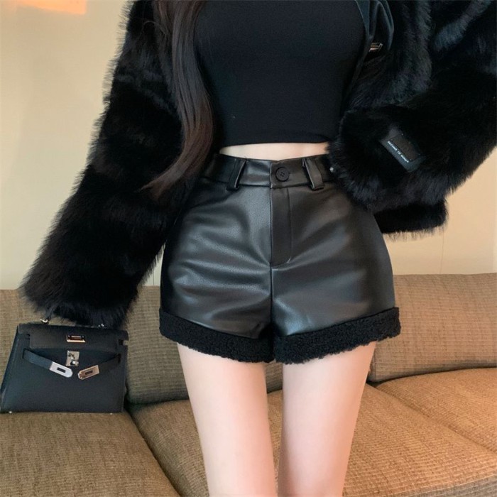 Quần dài chữ A giả len giả da PU thời trang mùa đông Quần short ống rộng Hàn Quốc