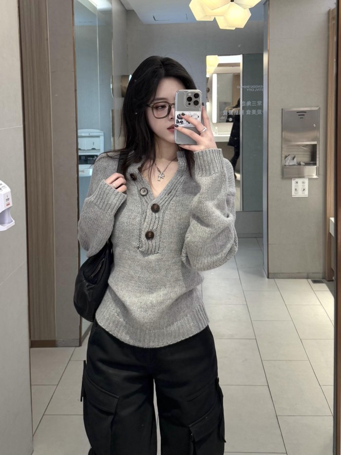 Áo len cổ chữ V màu xám đầu thu hàn quốc dành cho nữ Áo sang trọng sang trọng dành cho nữ trong mùa