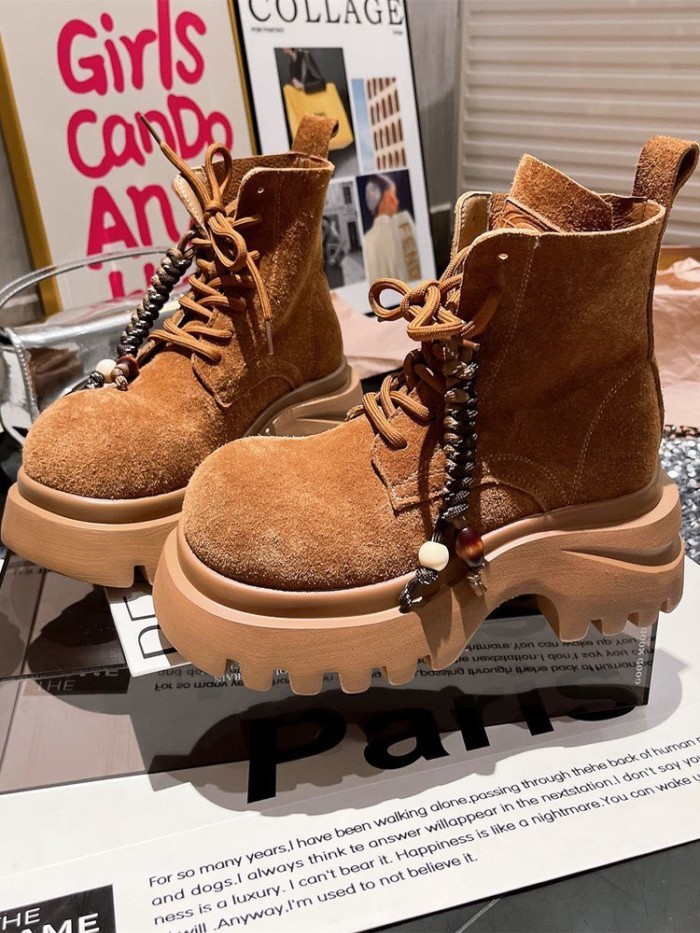 Giày bốt Martin nubuck da mềm phối ren tua rua ngón chân cái Giày bốt đi xe máy bốt ngắn giày nữ