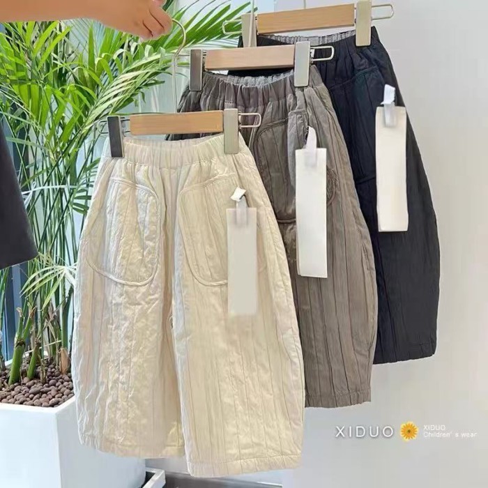 Quần áo trẻ em Hàn Quốc quần bé gái 25 mùa thu đông unisex plus nhung trẻ em dáng rộng sọc dọ