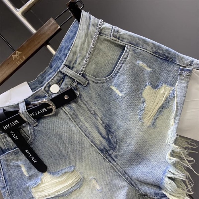 túi dạo phố mặc quần short denim màu xanh nhạt mùa hè thời trang mới quần nóng