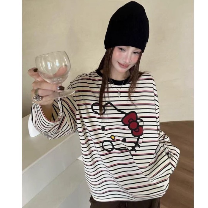 Phim hoạt hình mèo Kitty sọc cổ tròn sọc rộng dài tay áo thun mùa thu thường ngày