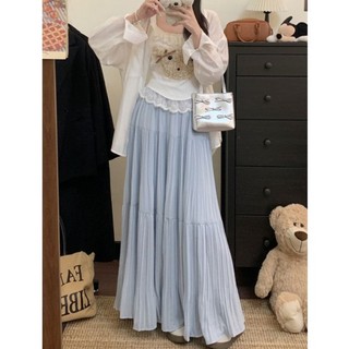Nối váy xòe lớn váy ô mùa hè nữ eo cao dáng rộng váy màu trơn váy dài