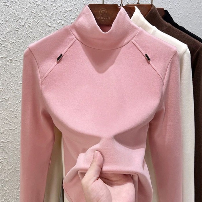 Áo sơ mi nhung Đức hai mặt cổ cao dành cho nữ mùa thu đông, cộng với áo dài tay slim fit bằng