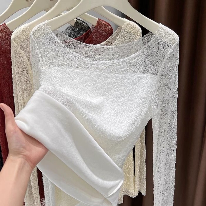Áo sơ mi ren đáy cho nữ mùa thu đông, áo nhung xếp lớp, áo lưới cổ thấp mới