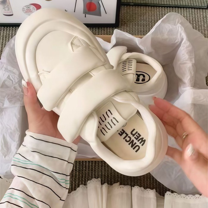 Giày Velcro trắng, giày thể thao mũi to thông thường, giày đế bệt, đế dày xấu xí, giày bánh mỳ tăng