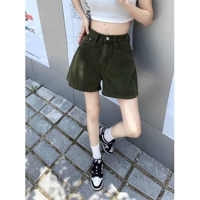 Quần short denim màu xanh lá cây cổ điển Mùa hè cho nữ Phong cách Hàn Quốc mới eo cao Giảm béo I