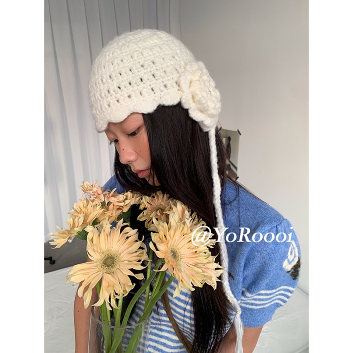 Have u desgin Hàn Quốc Dệt Kim Handmade Ba Chiều Hoa Phù Hợp Với Dây Đeo Mặt Nhỏ Mũ Bảo Vệ Tai Ngọt Ngào Dễ Thương Mũ Lạnh