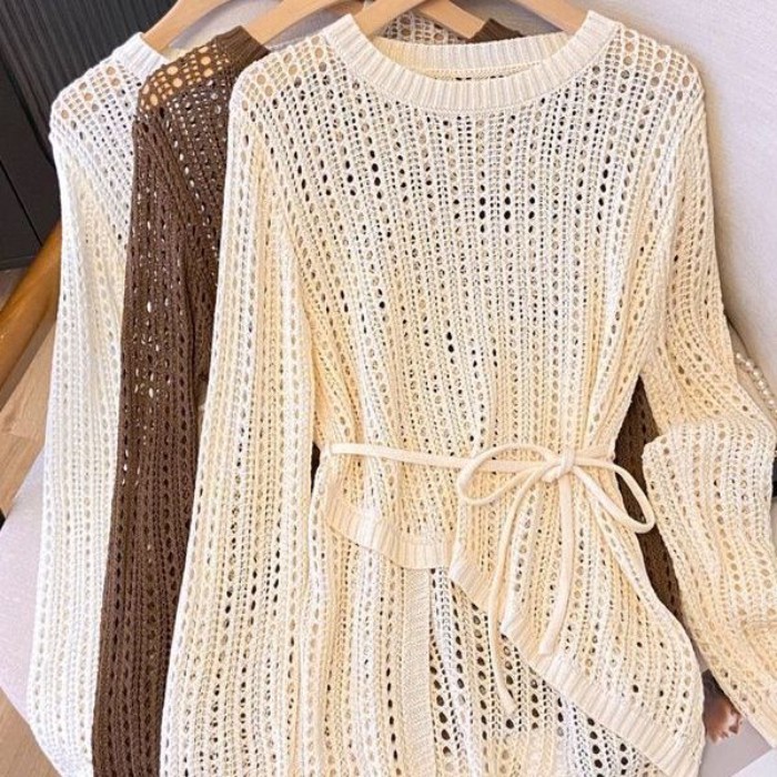 Áo khoác ngoài điều hòa treo khăn cho nữ cổ tròn không đều móc rỗng dệt kim 24