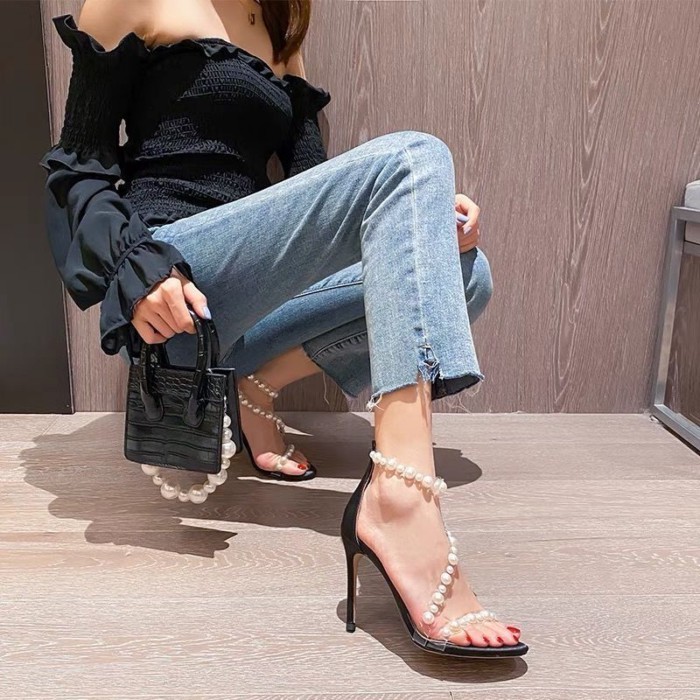 Giày sandal cao gót nữ dây kéo sau lưng, gót quai ngọc trai trong suốt