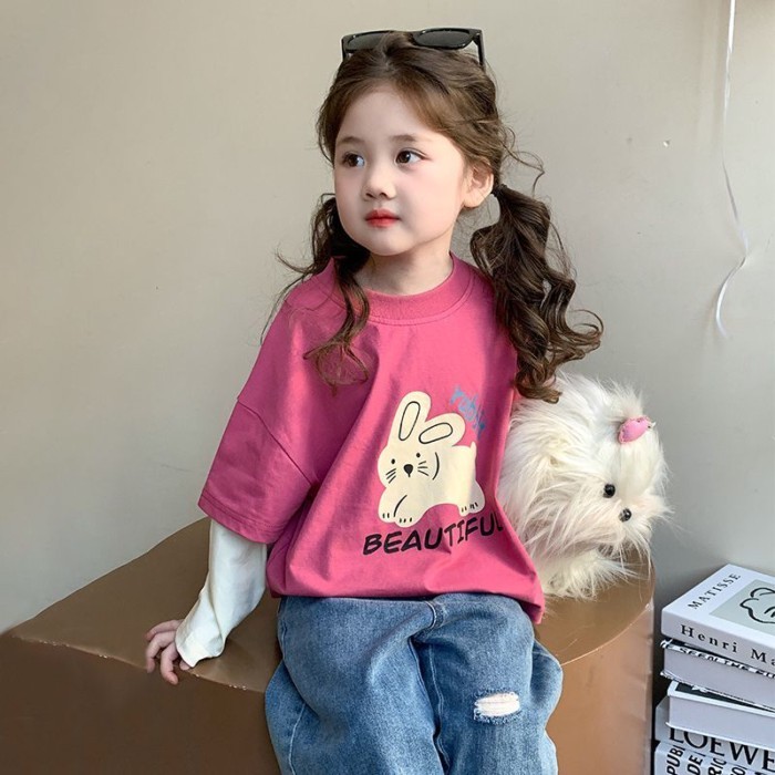 cô gái áo mới xuân thu bé gái cổ tròn ngọt ngào thường ngày đa năng hợp thời trang giả áo thun h