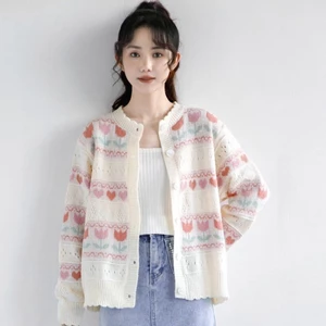 Áo len mùa thu áo khoác nữ đại học nấm chắp vá dệt kim rỗng dài tay cardigan dệt kim dành cho nữ