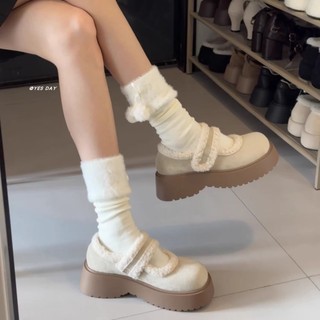 Phong Cách Nhật Bản Ngón Tròn Tất Cả Trận Đấu Velcro Lông Cừu Cho Nữ 2025 Phong Cách Mới Mùa Đông Nền Tảng Đế Thoải Mái Mary Jane Giày