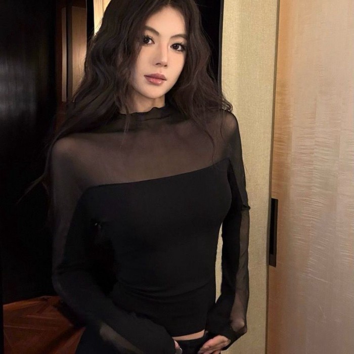 Lưới nối áo thun dài tay cổ cao gợi cảm dáng ôm hot girl khí chất trên đáy áo sơ mi hợp thời trang