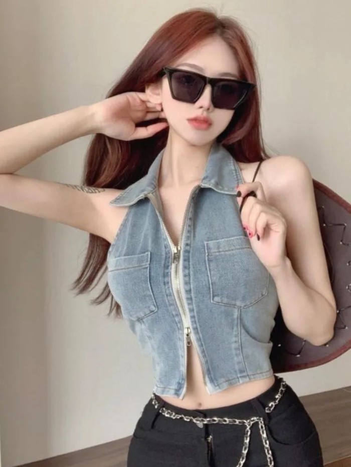 Áo vest denim Mỹ dành cho nữ mùa hè mới dáng ôm vừa vặn không tay cổ dây treo ngắn