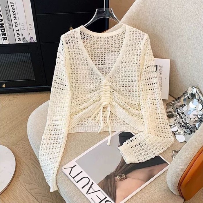 Áo len dệt kim rỗng kiểu mới dành cho nữ, cổ mỏng, áo khoác mỏng, khăn choàng điều hòa, chống