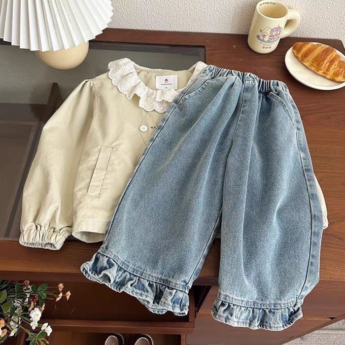 Quần Jean Bé Gái Mới Xuân Thu Ống Thẳng Quần Ống Rộng Đa Năng Bé Gái Quần Denim Phong Cách Hà