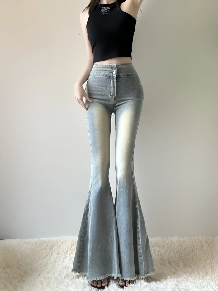 Quần jeans đuôi cá cho nữ, lưng cao, kiểu dáng mới, sừng to, giảm béo đầu thu, quần ống rộng