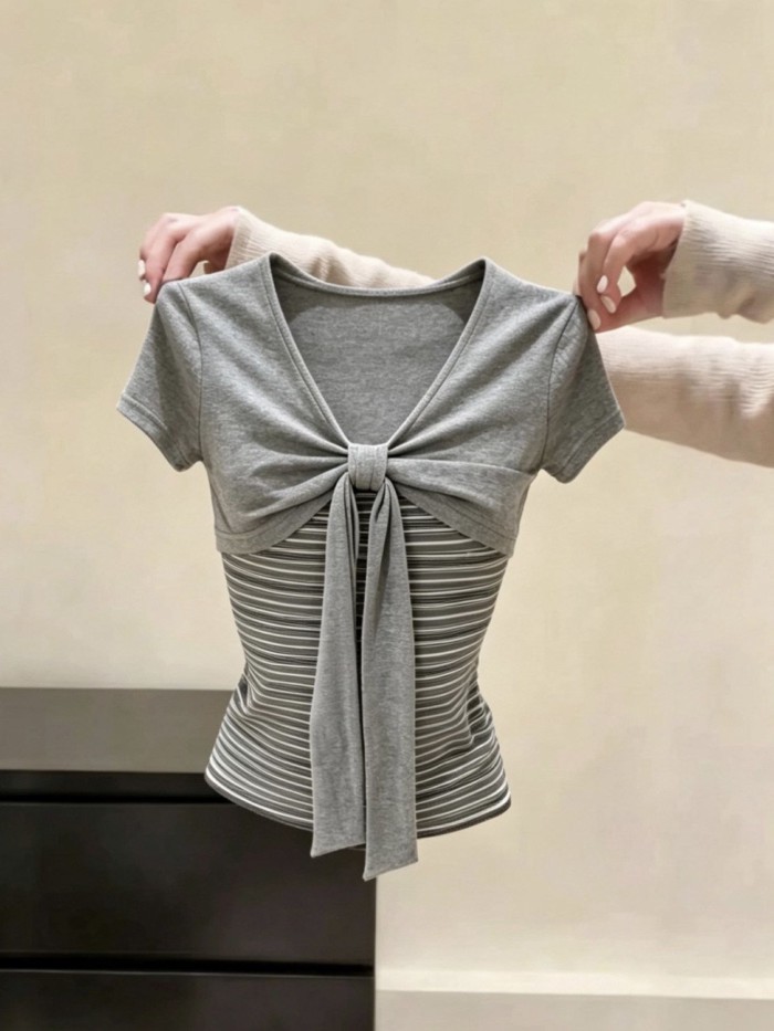 Áo thun hai mảnh sọc nơ giả phong cách Hàn Quốc mùa hè mới siêu đẹp áo thun giảm béo đa năng