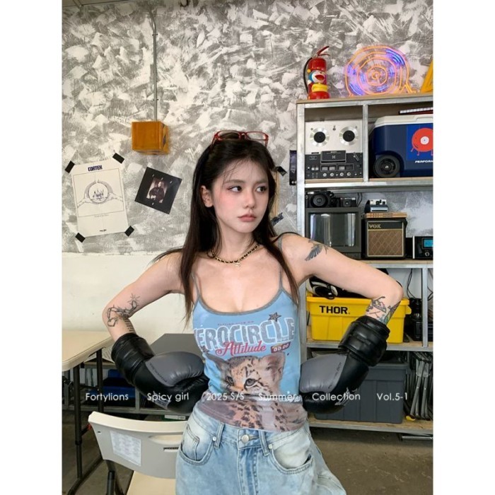 Áo yếm in họa tiết động vật đường phố phong cách retro Mỹ mùa hè mới cho nữ hot girl ngắn dán