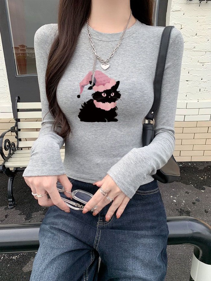 Áo thun dài tay nhung Đức in hình mèo con màu xám mùa dành cho hot girl thon gọn vai phải mỏng ấm á