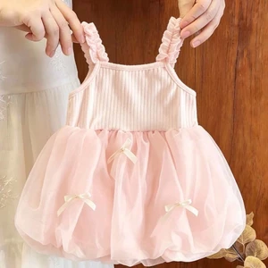 Bé Gái Lưới Suspender Đầm Mùa Hè Mới Đầm Công Chúa Phong Cách Dễ Thương Nơ Puff Váy Ngắn Susp