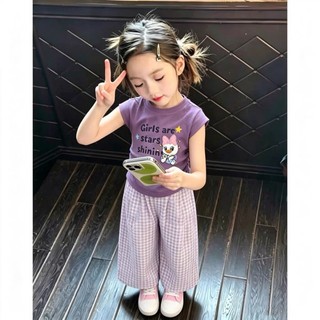 Bộ đồ mùa hè cho bé gái Áo vest hoạt hình phong cách Hàn Quốc Quần kẻ sọc Bộ hai mảnh siêu dễ thươn