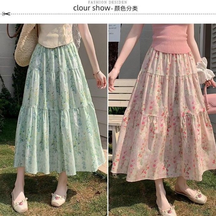 Mùa hè mỏng phong cách mục vụ váy ôm eo cao hoa dành cho nữ thời trang mới khâu váy dài chữ A