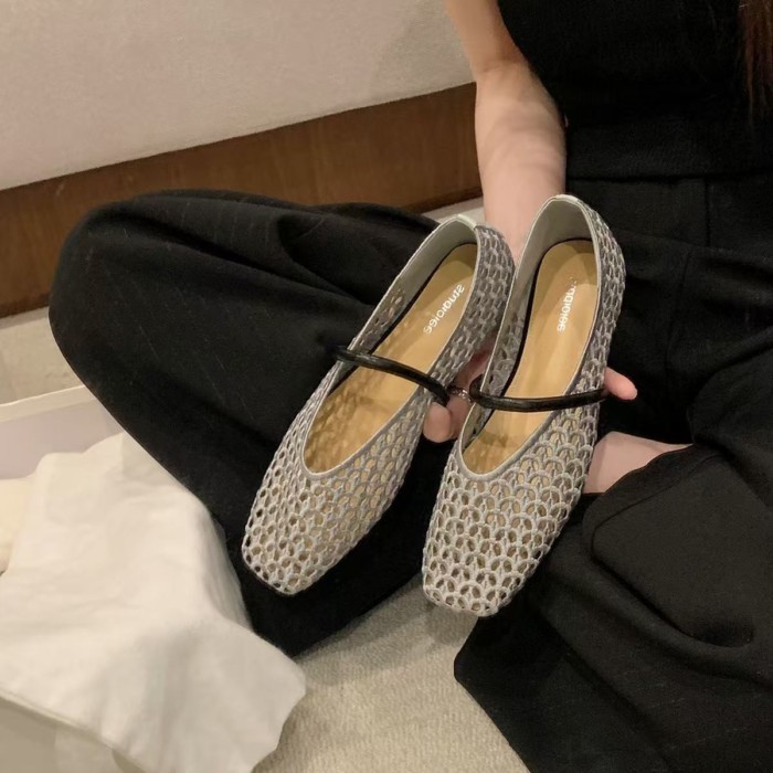 Giày mũi vuông kiểu Pháp rỗng bện nông miệng đơn giày lưới thoáng khí giày đế bệt Mary Jane giày lư