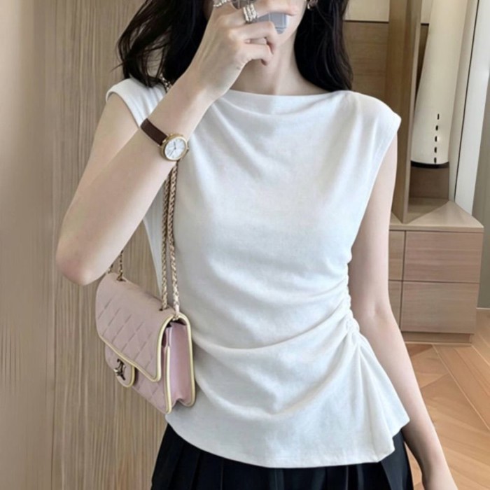 Áo thun ngắn tay ngắn tay xếp ly eo xếp li mùa hè dành cho nữ, áo kiểu dáng ôm vừa vặn thời trang