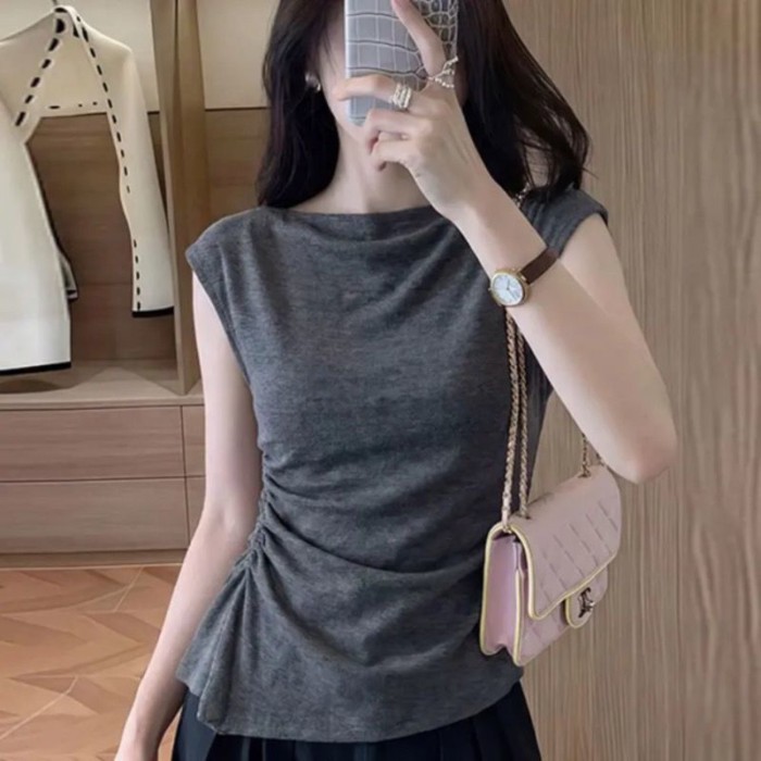 Áo thun ngắn tay ngắn tay xếp ly eo xếp li mùa hè dành cho nữ, áo kiểu dáng ôm vừa vặn thời trang