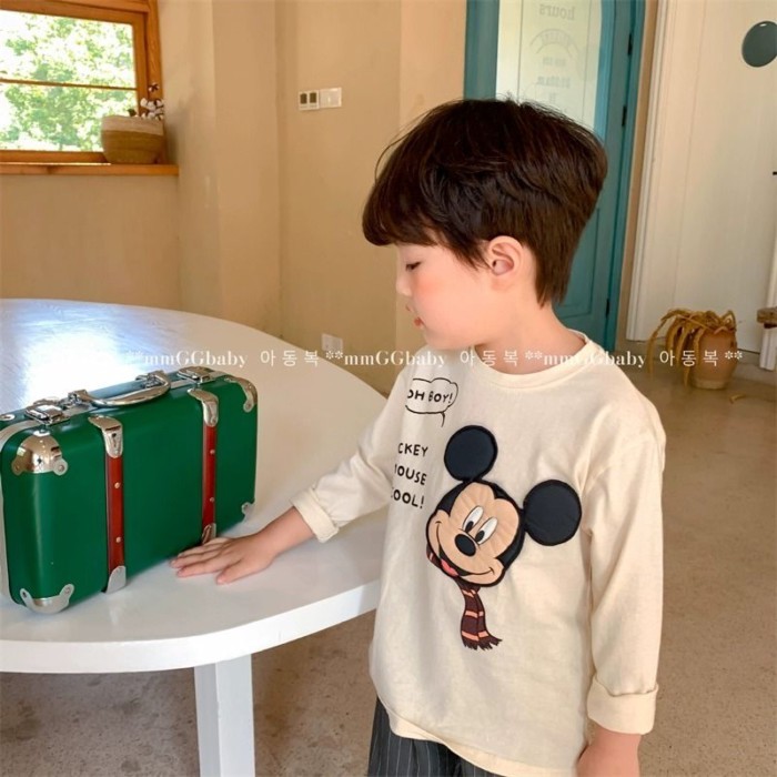 Áo thun cotton nguyên chất cho bé trai và bé gái, áo dài tay thêu miếng vá, hoạt hình Mickey,