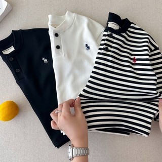 Bé trai dày cổ đứng Áo thun polo thêu cổ chữ V giản dị sọc màu hàng đầu Áo thun dài tay