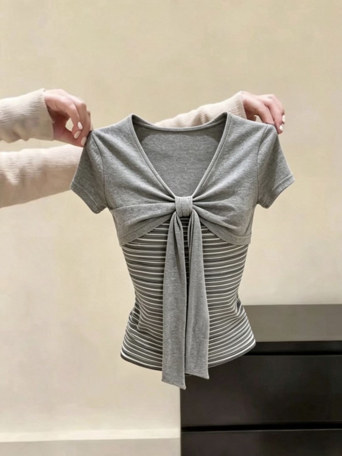 Áo thun hai mảnh sọc nơ giả phong cách Hàn Quốc mùa hè mới siêu đẹp áo thun giảm béo đa năng