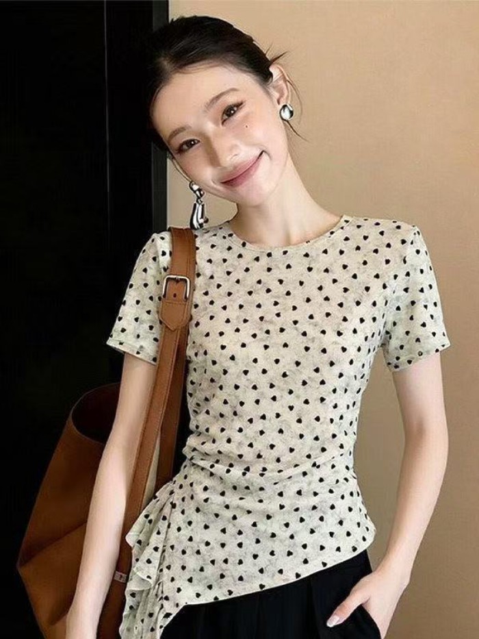 Áo thun lưới ngắn tay in hình tình yêu bất thường dành cho nữ mùa hè thời trang mới dáng ôm v