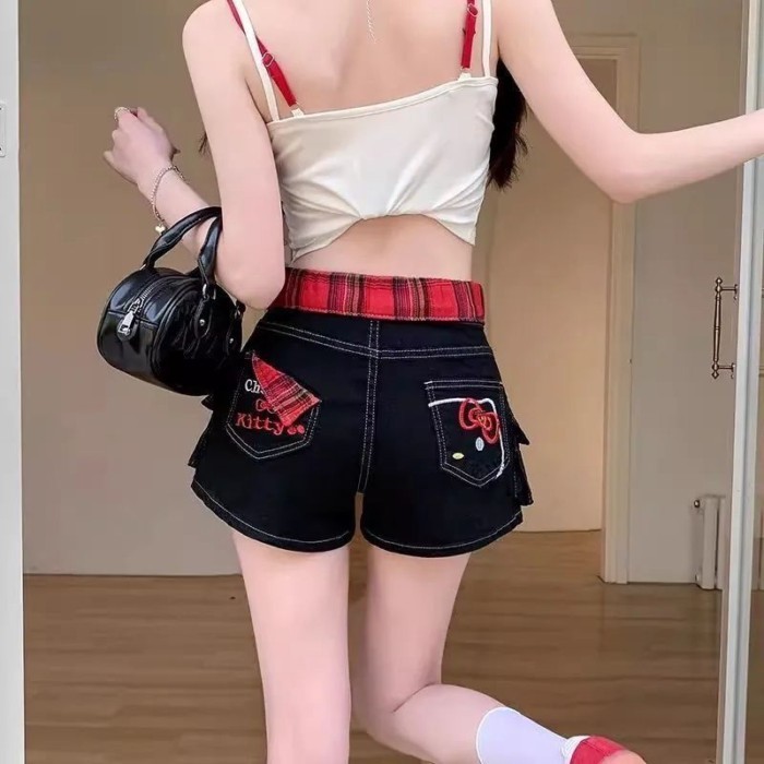Quần short denim thêu mèo kt y2k của Mỹ dành cho nữ mùa hè cay ngọt, thon gọn mông