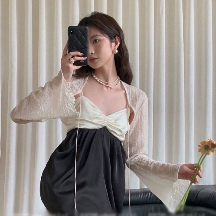 Áo cardigan voan chống nắng cho nữ mùa hè với váy hai dây và khăn choàng nhỏ áo jacket mỏng
