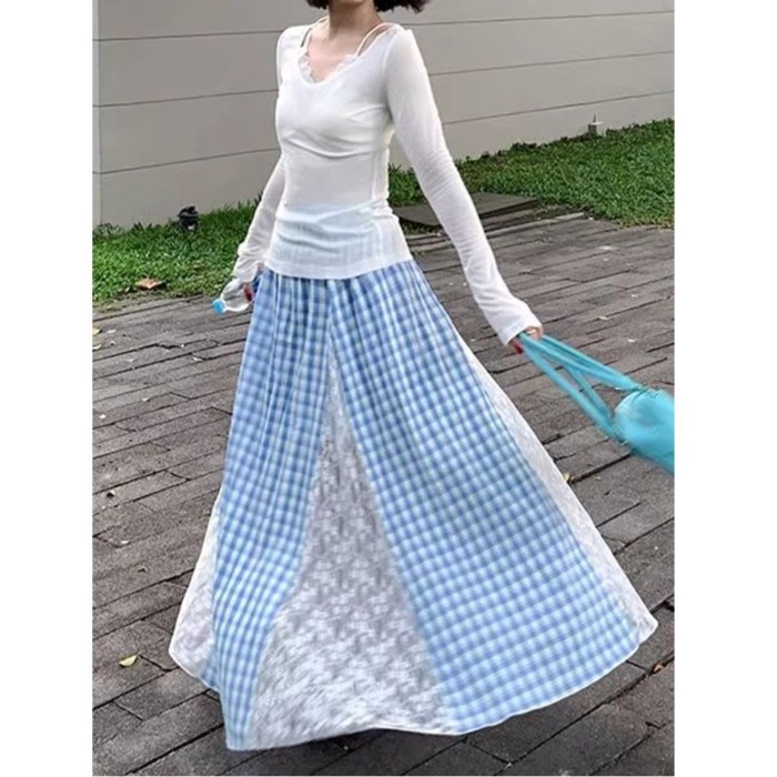 Váy ren nối kẻ sọc  dành cho nữ xuân hè size lớn kiểu Hàn Quốc thiết kế giảm béo Váy chữ A