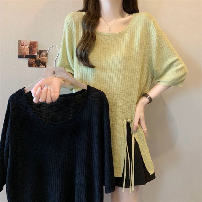 Lan ~ Size Lớn Mỡ mm Pit Strip Không Đều Chia Tay Áo Thun Nữ Mùa Hè Phong Cách Mới Rời Ôm Hơn Nhìn Giảm Tuổi Top Nữ ins