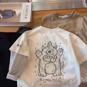 Áo thun cotton nguyên chất bé trai dài tay quái vật nhỏ có đáy áo sơ mi mùa xuân và mùa thu á