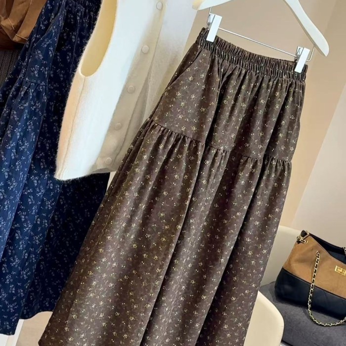 màu cà phê rừng nhẹ nhàng retro văn học váy hoa mùa thu đông mới cotton nguyên chất chải cao eo